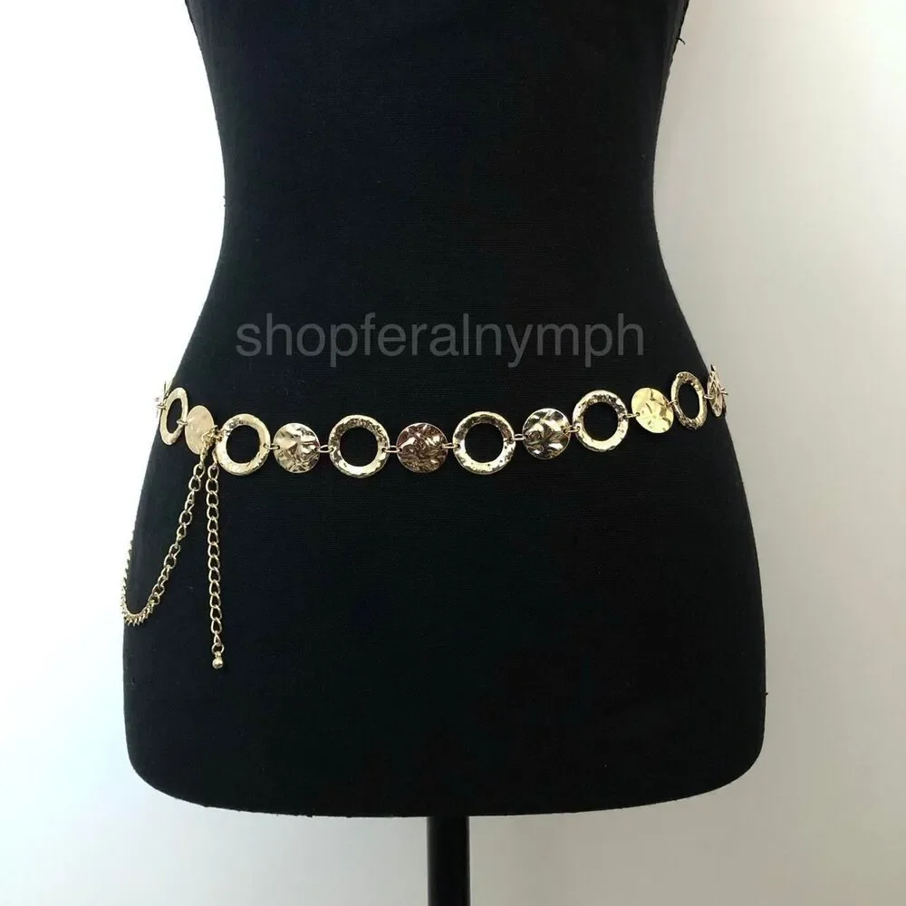 Y2K Boho Gold Hammered Coin Circle Chain Belt, Fits 20-44 Inches, X7GA1152